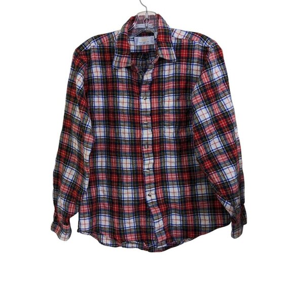 Vintage Viyella Shirt Mens L Red Plaid Cotton Wool Button Up Woven in Scotland - Picture 1 of 3